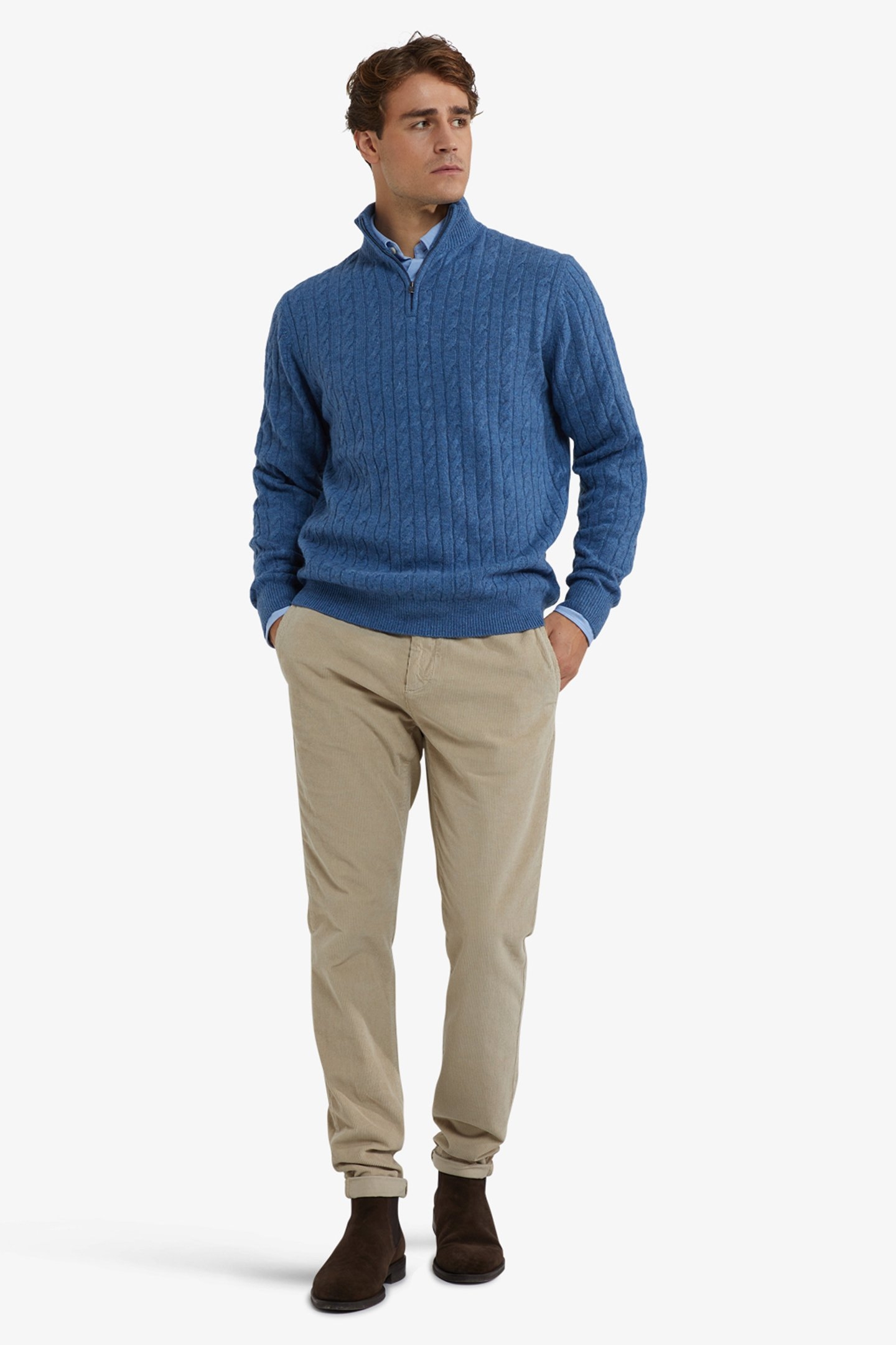 CABLE ZIP MOCK SWEATER WORKER BLUE 2