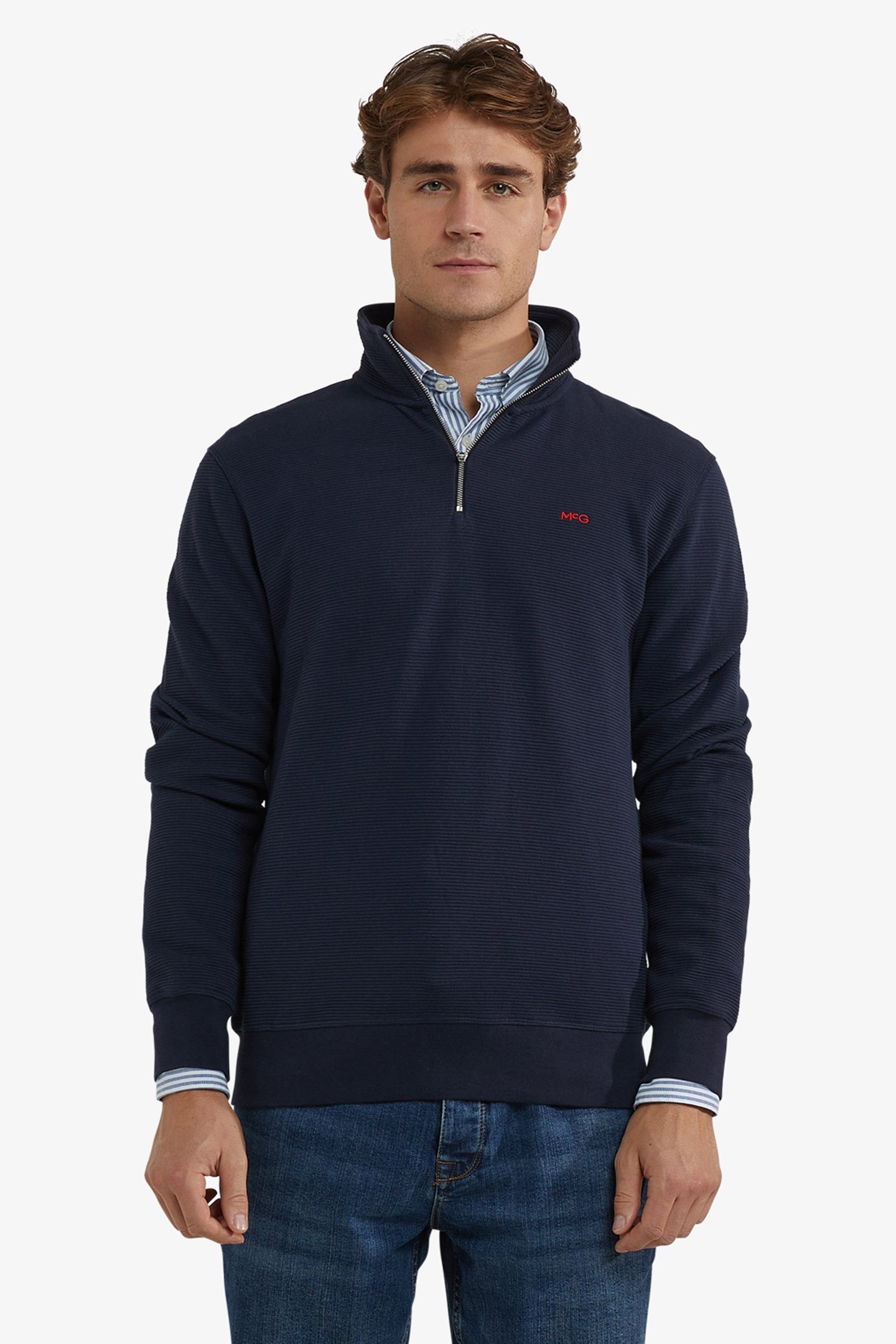 RIBBED ZIP MOCK SWEATSHIRT NAVY 1