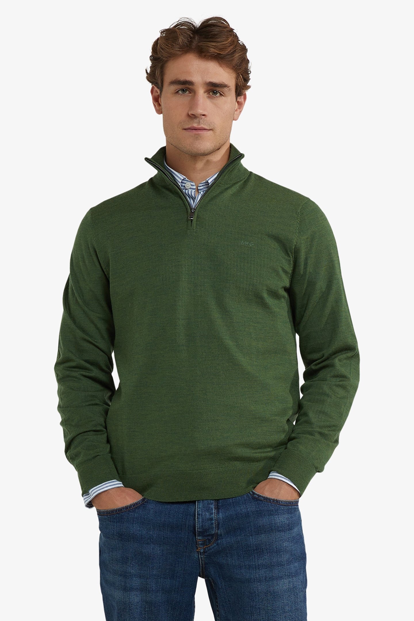 FINE MERINO ZIP MOCK SWEATER MOSS GREEN 1