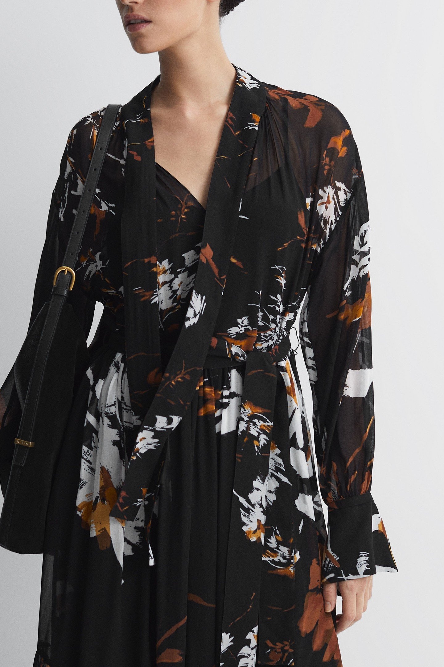 FLORAL PRINTED MIDI DRESS BLACK/BROWN 2
