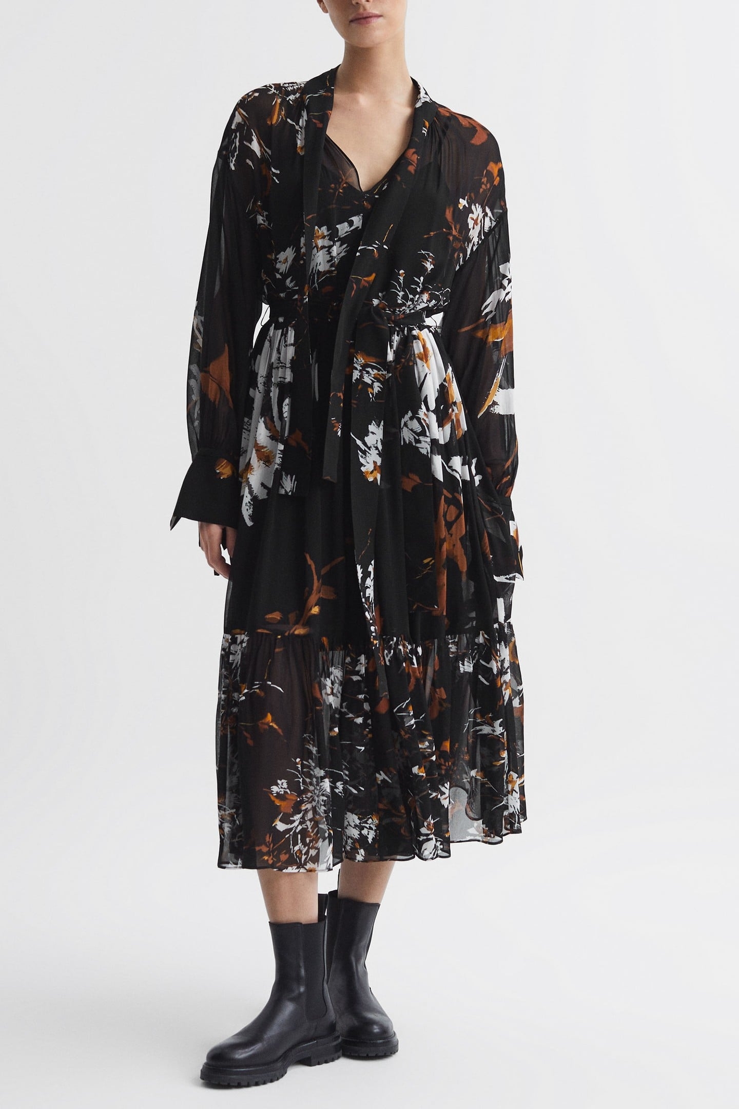 FLORAL PRINTED MIDI DRESS BLACK/BROWN 3