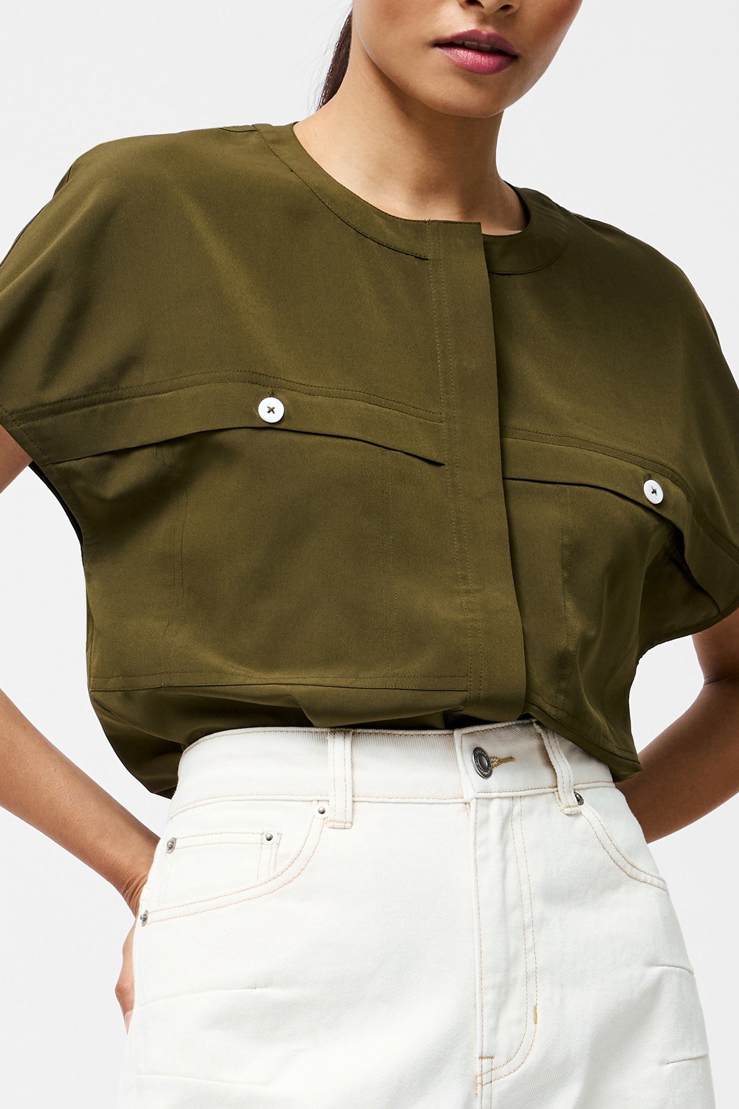 CAPRIANA CREPE CAP SLEEVE TOP KHAKI 1