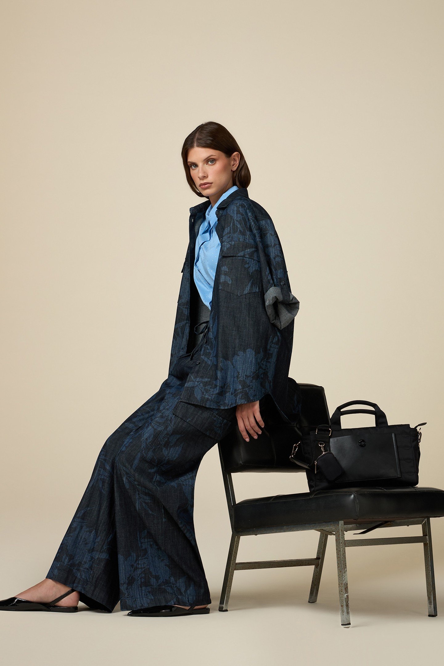 PRINTED DENIM PALAZZO CARGO JOGGERS BLUE 1