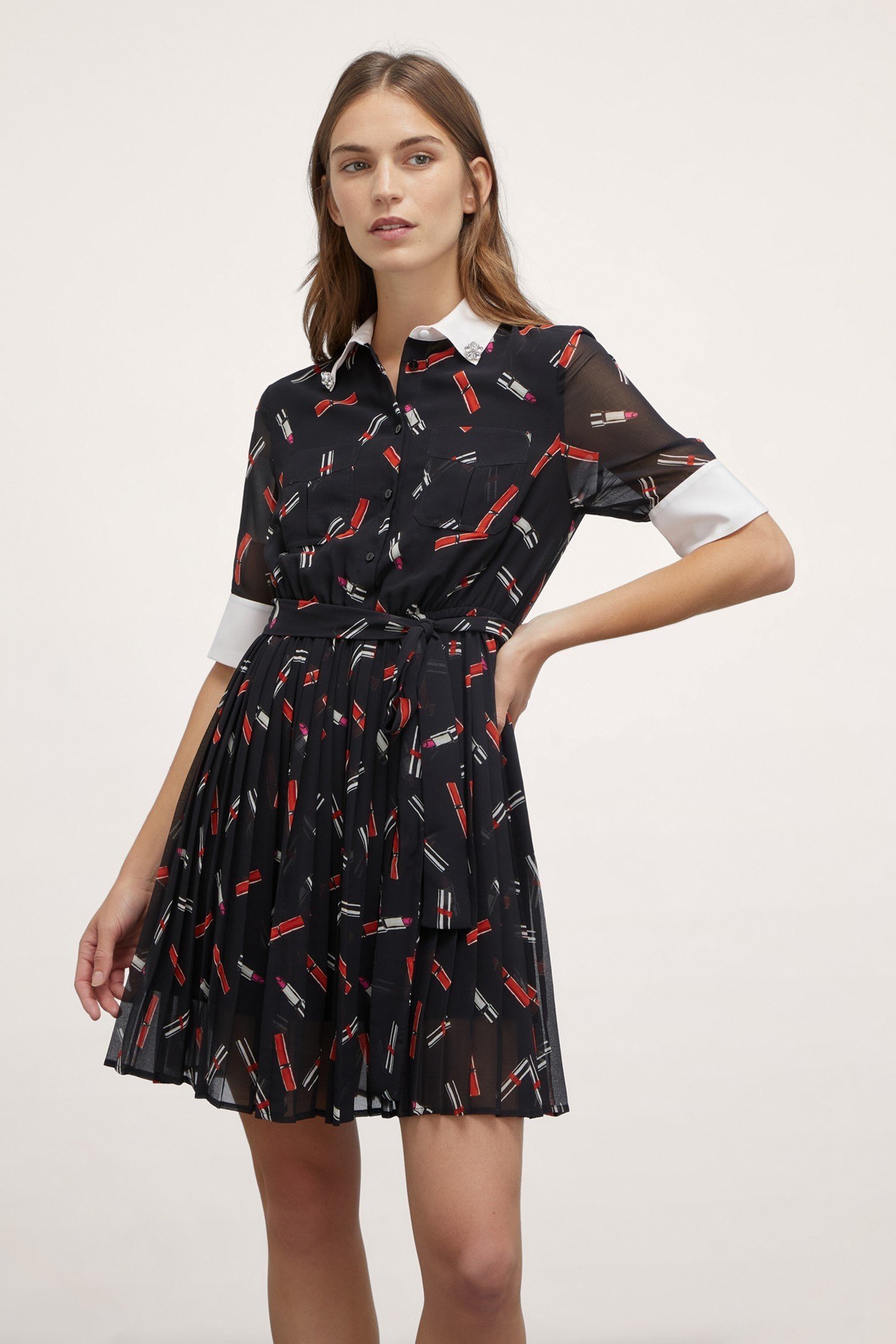 LIPSTICK PATTERN GEORGETTE CHEMISIER DRESS BLACK 1