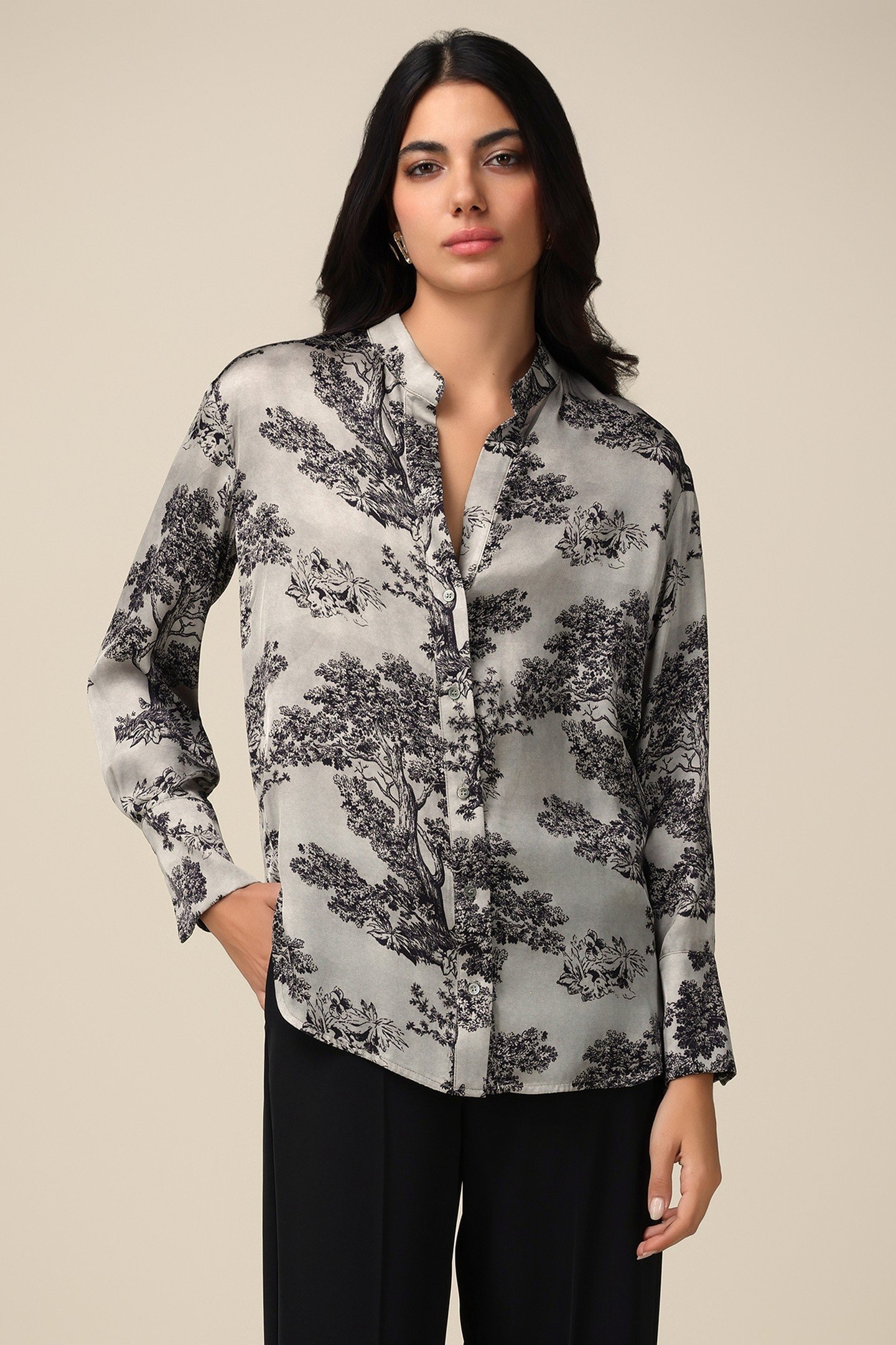 PATTERNED VISCOSE SATIN SHIRT GREY 1