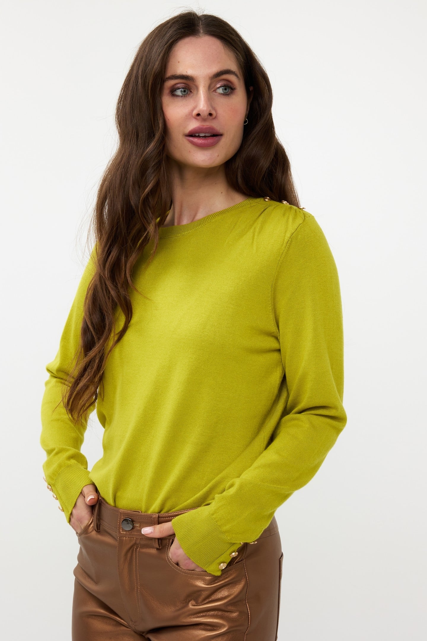 SWEATER GATHERING BUTTON DETAILS BASIC KNIT MATCHA GREEN 1