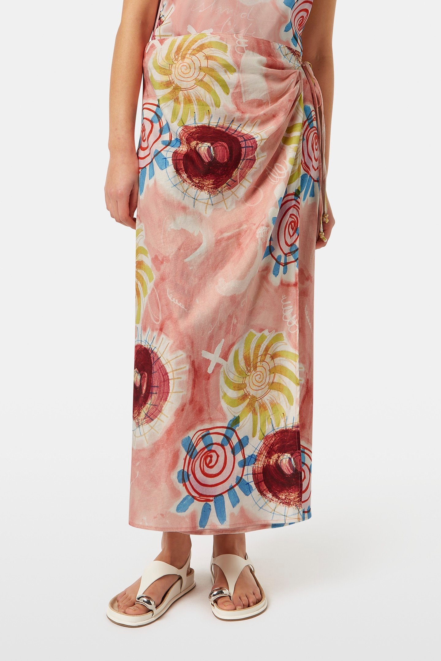 LINEN BLEND PRINTED WRAP SKIRT ABSTRACT SUN PINK 3